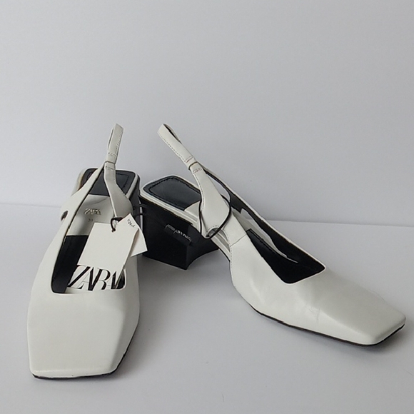 Zara Shoes - NWT Zara Genuine Leather Cream Slingback Square Toe Chunky Kitten Heels